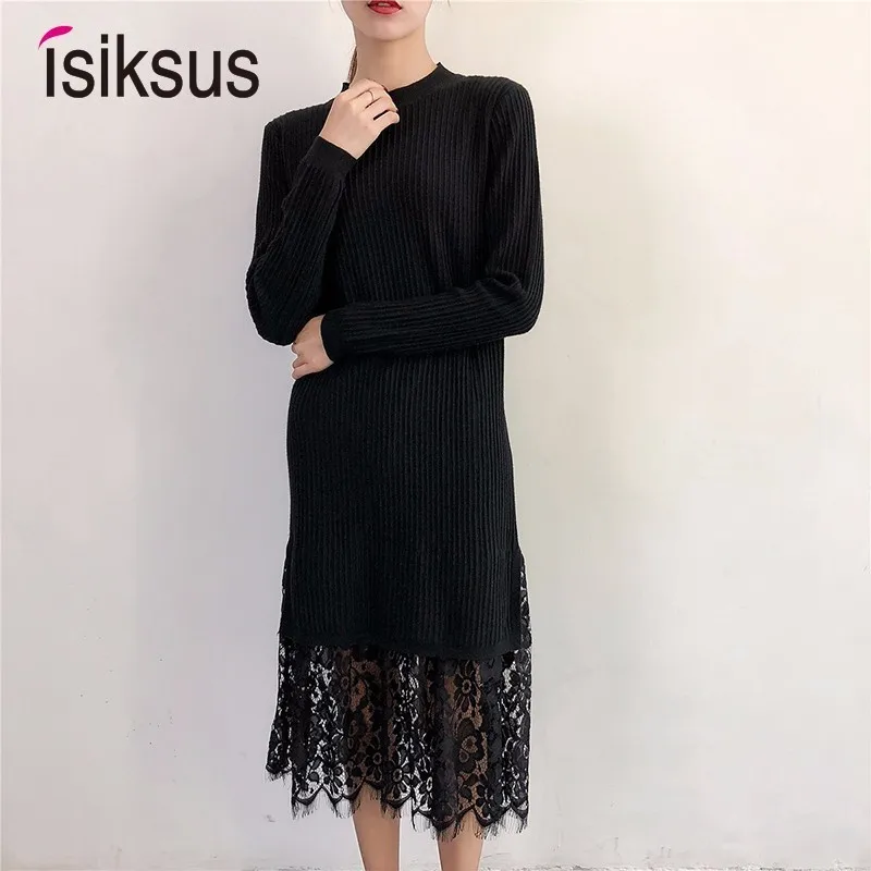 Isiksus Knitted Warm Dresses Winter Autumn Womens 2022 Casual Sexy black lace elegant Long Sleeve Sweater Dress for Women DR131