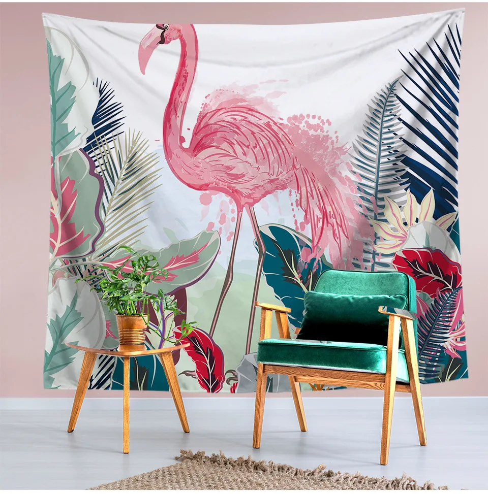 

Bohemian Style Wall Tapestry Macrame Wall Hanging Pink Flamingo Floral Tropical Leaves Printed Hippie Home Boho Decor Wall Cloth