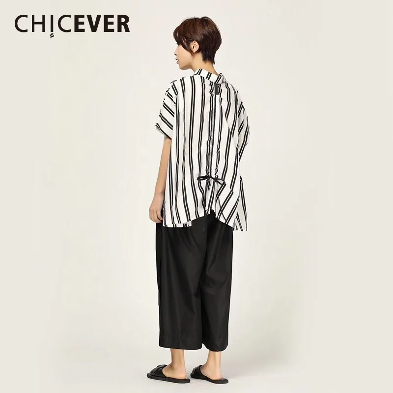 

CHICEVER Spring Casual Striped Women Shirt Square Collar Short Sleeve Button Irregular Hem Loose Slim Lady Blouse 2019 New