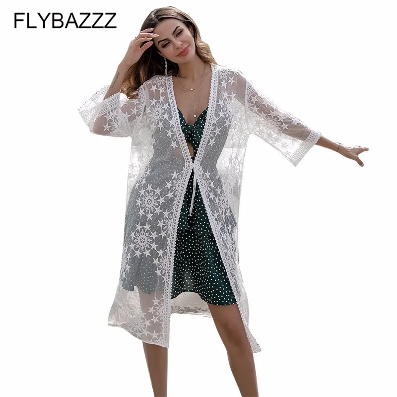 

Summer Women Swimsuit Bikini Cover Up Sexy Beach Cover Ups Star Embroidery Long Dress Elegant Beach Bathing Suit tunic kaftan