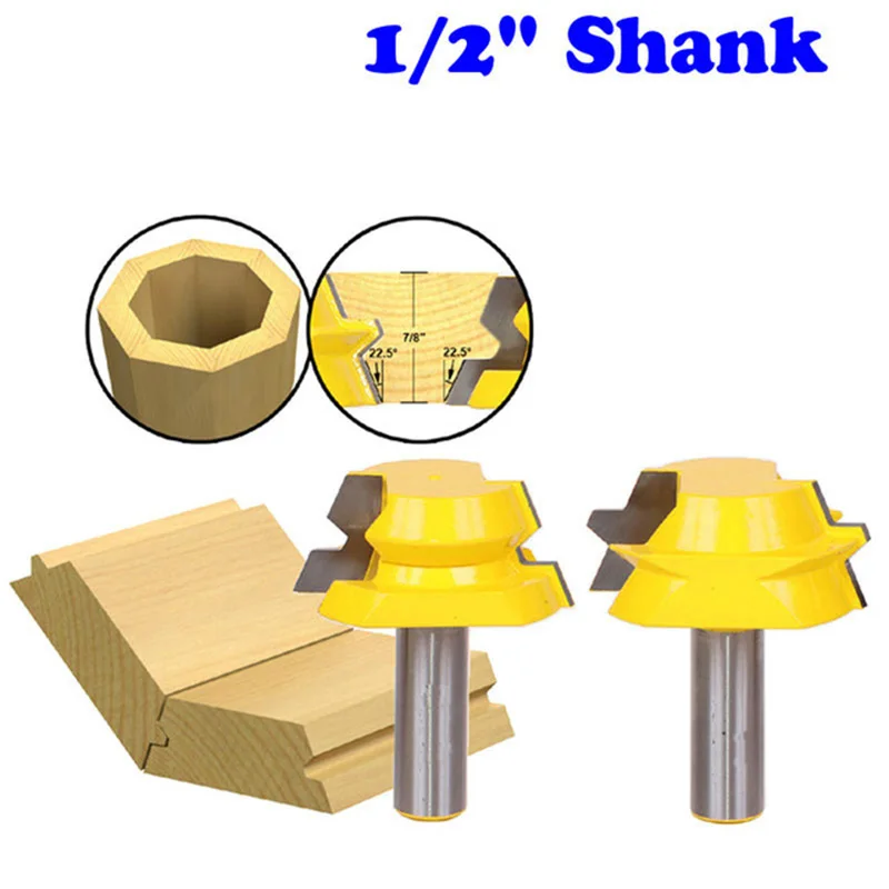 

2pcs 1/2" Shank Lock Miter Router 22.5 Degree Glue Joinery Router Bit Set