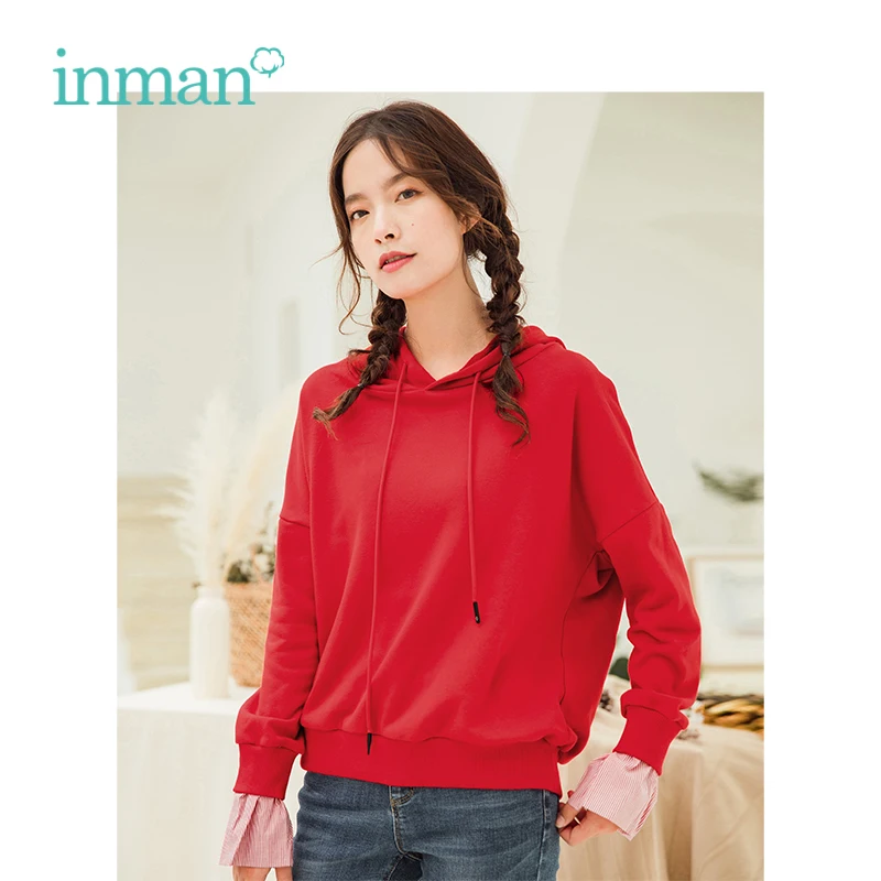 

INMAN 2019 Spring New Arrival Hooded Student Style Casual All Matched Striped Loose Short Women Sweatshirts