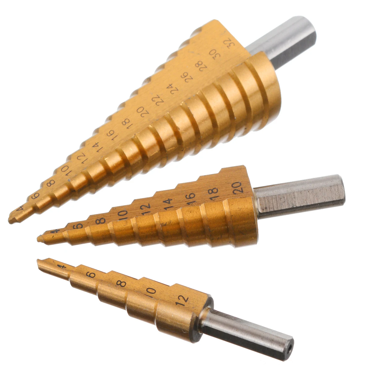 

3pcs Mayitr HSS Step Cone Drills Bit Set Titanium Coated Woodwotking Hole Cutter 4-12/20/32mm For Power Tools