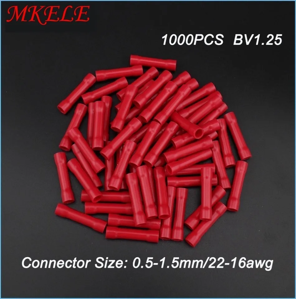 

1000pcs BV1.25 Insulated Straight Wire Butt Connector Electrical Crimp Terminals 22-16awg