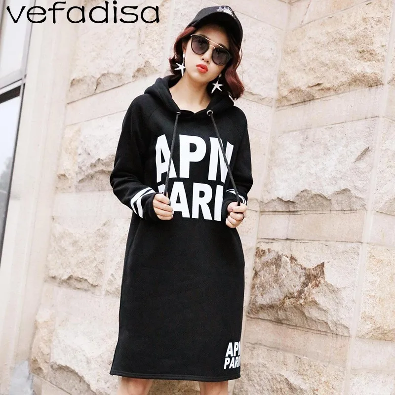 Vefadisa Letter Printing Hooded Sweatshirt Women Stripe Long Sleeve Girls Knee Length Pullover ZLD410 | Женская одежда