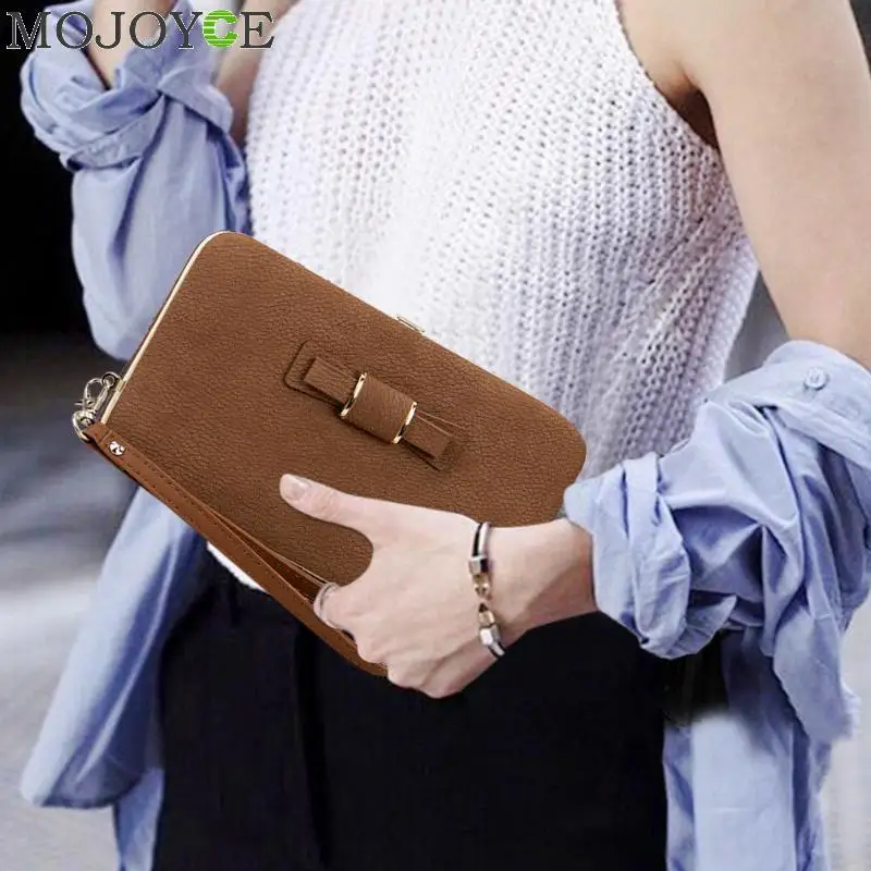 النساء يوم براثن أزياء Bowknot بو الجلود حقيبة صغيرة حقيبة يد محفظة حامل بطاقة عملة مخلب محفظة السوار مساء حقيبة