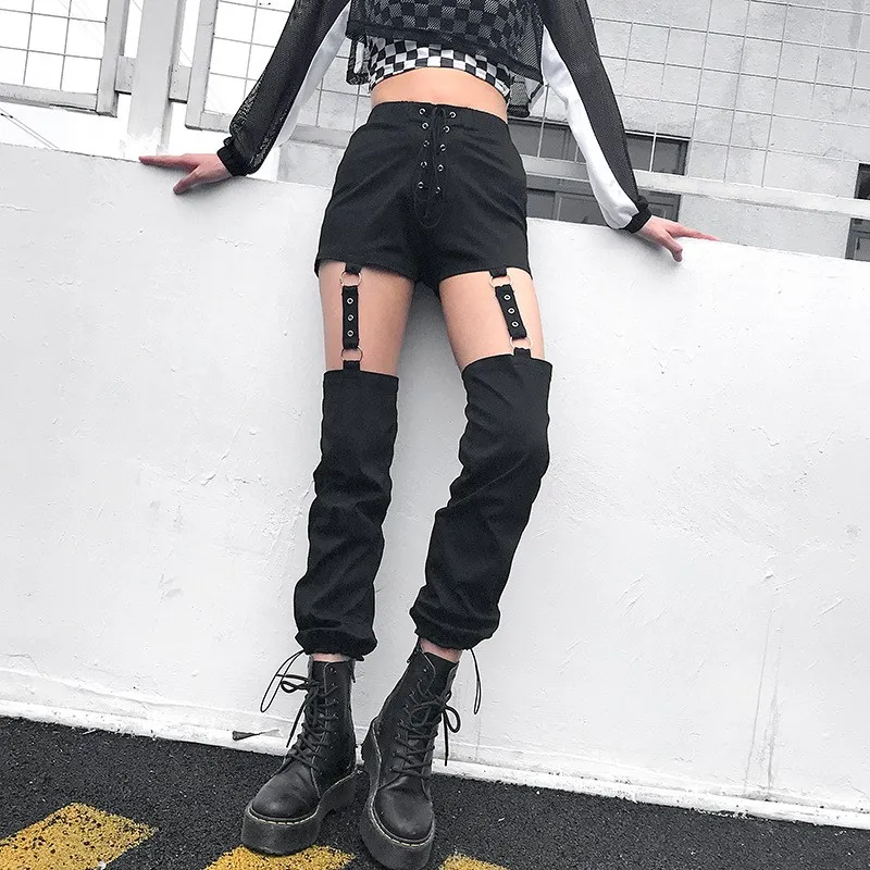 Black Harajuku Pencil Pants Women Detachable Sexy High Waist Trousers Tie Up Casual Streetwear Sweatpants Black Harajuku Pencil Pants Women Detachable Sexy High Waist Trousers Tie Up Casual Streetwear Sweatpants