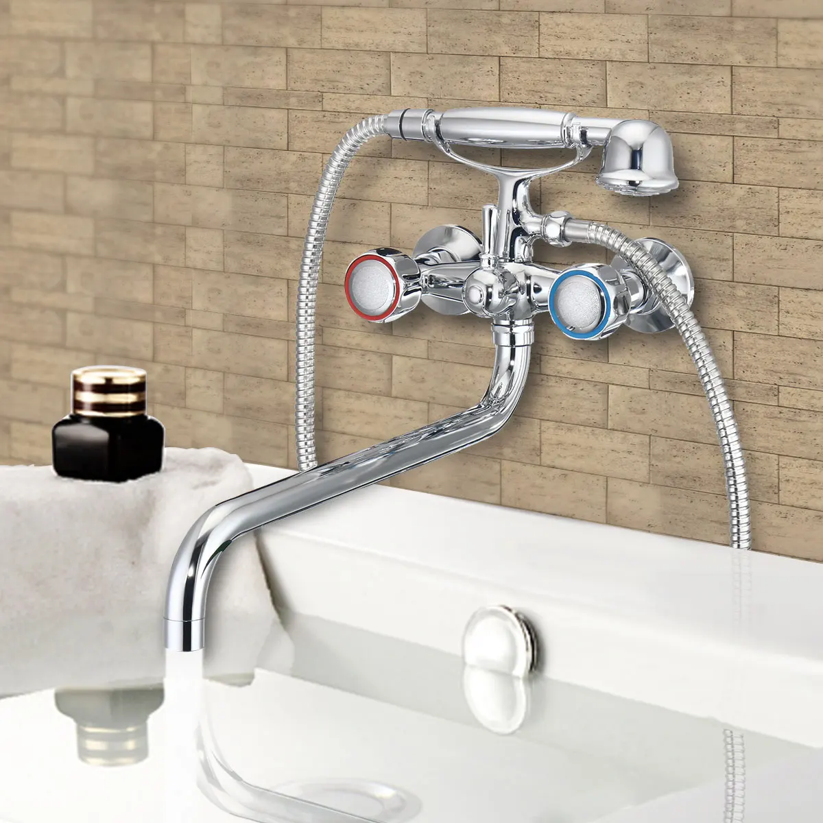 

Xueqin Chrome Telephone Type Double Handle Bath Faucet Shower Faucets Handheld Spray Bathroom Shower Head Set Wall Mounted
