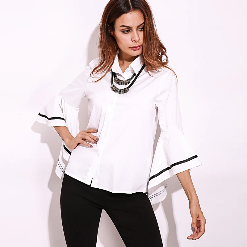 ZANZEA Женская белая рубашка женская элегантная полосатая блузка с расклешенными рукавами Топы Blusas женские деловые рубашки Blusa Feminina 5XL