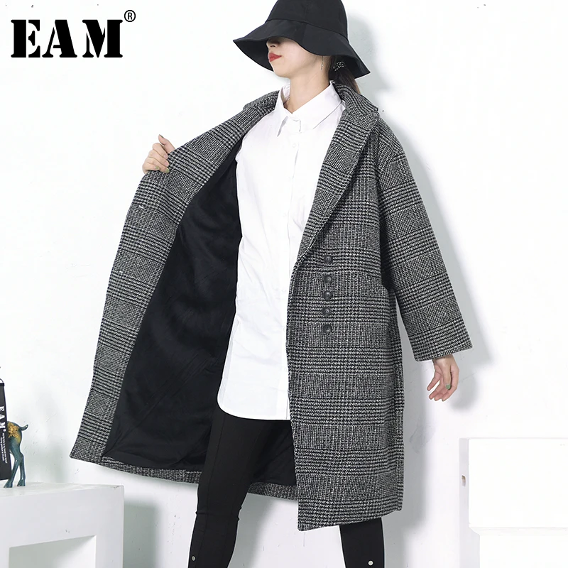 Revers Manches Nouveau 2019 Lâche Poitrine Unique Printemps Chaud Plaid Grand Manteau Pardessus Mode Longues Hiver Wollen eam Femmes De Gray Noir Sxfwnx