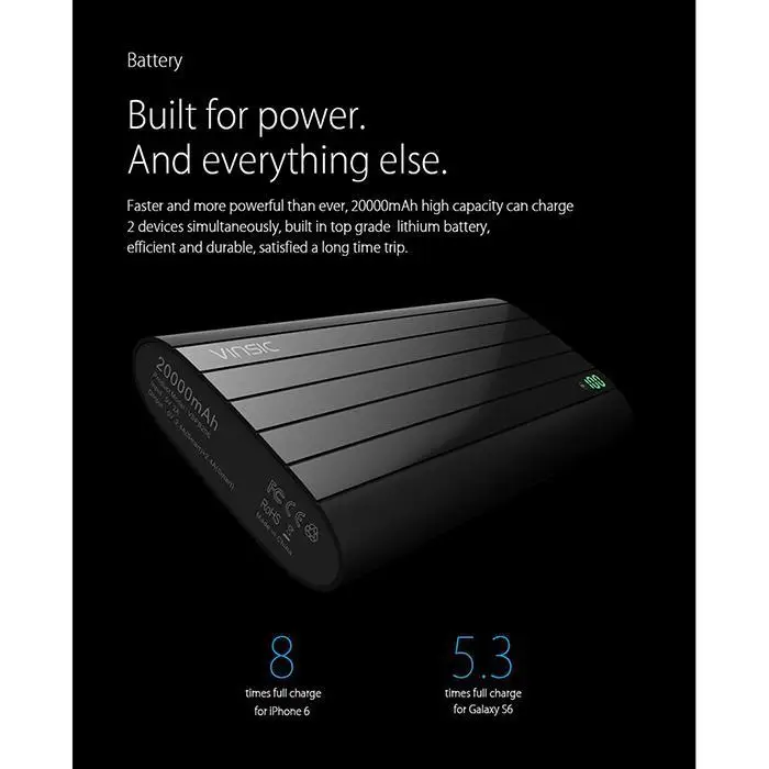 VINSIC 18650 Power Bank 20000 мАч быстрое зарядное устройство для мобильного телефона внешний