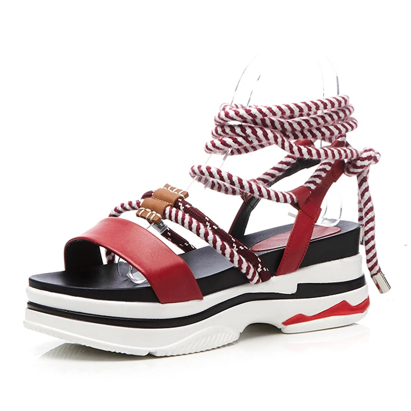 

Genuine Leather Women Platform Sandals 6.5 CM Heel Wedges Sexy Open-toe Party Thick Soles Party Shoes Box Packing c608