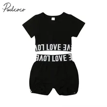 Новинка года, брендовая От 1 до 7 лет Одежда для маленьких девочек комплект из 2 предметов, пуловер с короткими рукавами и надписью, футболки топы+ шорты, летняя повседневная одежда