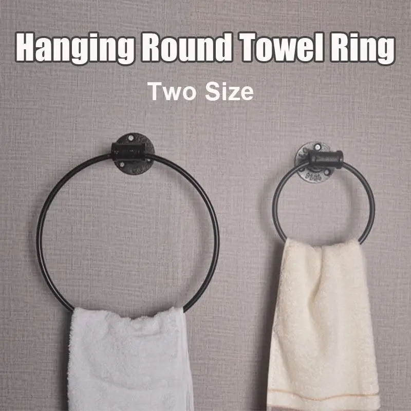 

15cm Dia. / 27cm Dia. Metal Iron Ring Wall Mount Hanging Holder Black Hardware Bathroom Shelves Hand Towel Round Ring Retro Rack