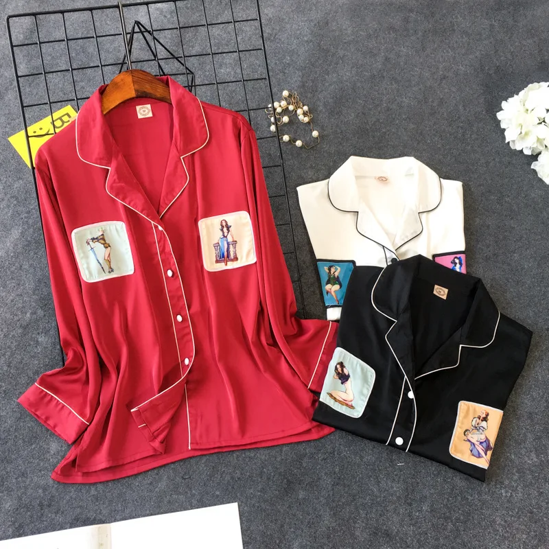 

2019 Spring Silk Pyjamas Women Pajamas Sets With Pants Flower Print Long Sleeve Satin Sleepwear Pijama Mujer Female Nightsuit
