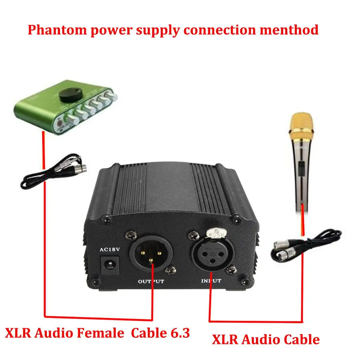 

LEORY 48V Phantom Power 110V/220V 1-Channel Supply Adapter One XLR Audio Cable Noise Canceling for Any Condenser Microphone