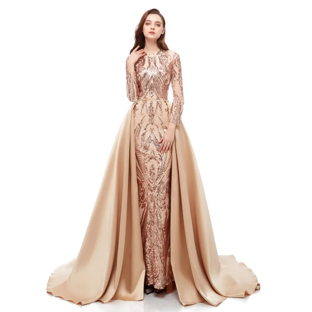 

Vivian's Bridal Vintage Detachable Court Train Evening Dress 2019 Elegant Floor-length Mermaid Sequin Dress Plus Size Full Dress