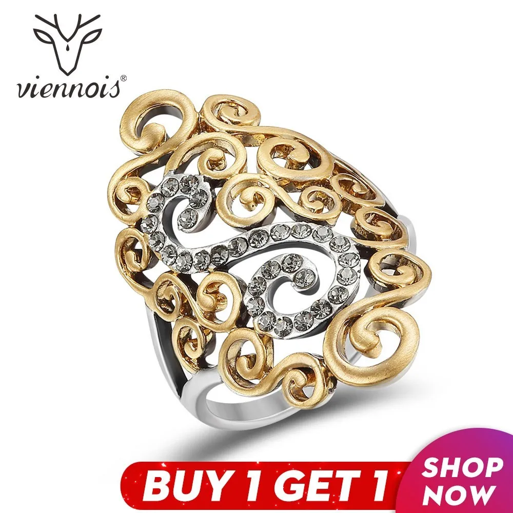 

Viennois Gold Color Women Size Ring Rhinestone Gothic Wide Ring Retro Cocktail Party Silver Ring