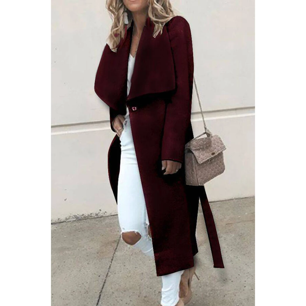 Fashion Women Wool Long Coat Winter Spring Wide Lapel Coats With Belt Outwear Elegant Ladies Solid Color Loose Overcoat Manteau