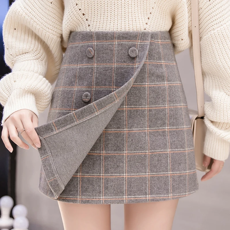 Зимняя клетчатая трапециевидная японская кавайная мини-юбка для женщин Империя Студенческая школьная форма юбки Офисная Женская повседневная юбка на пуговицах