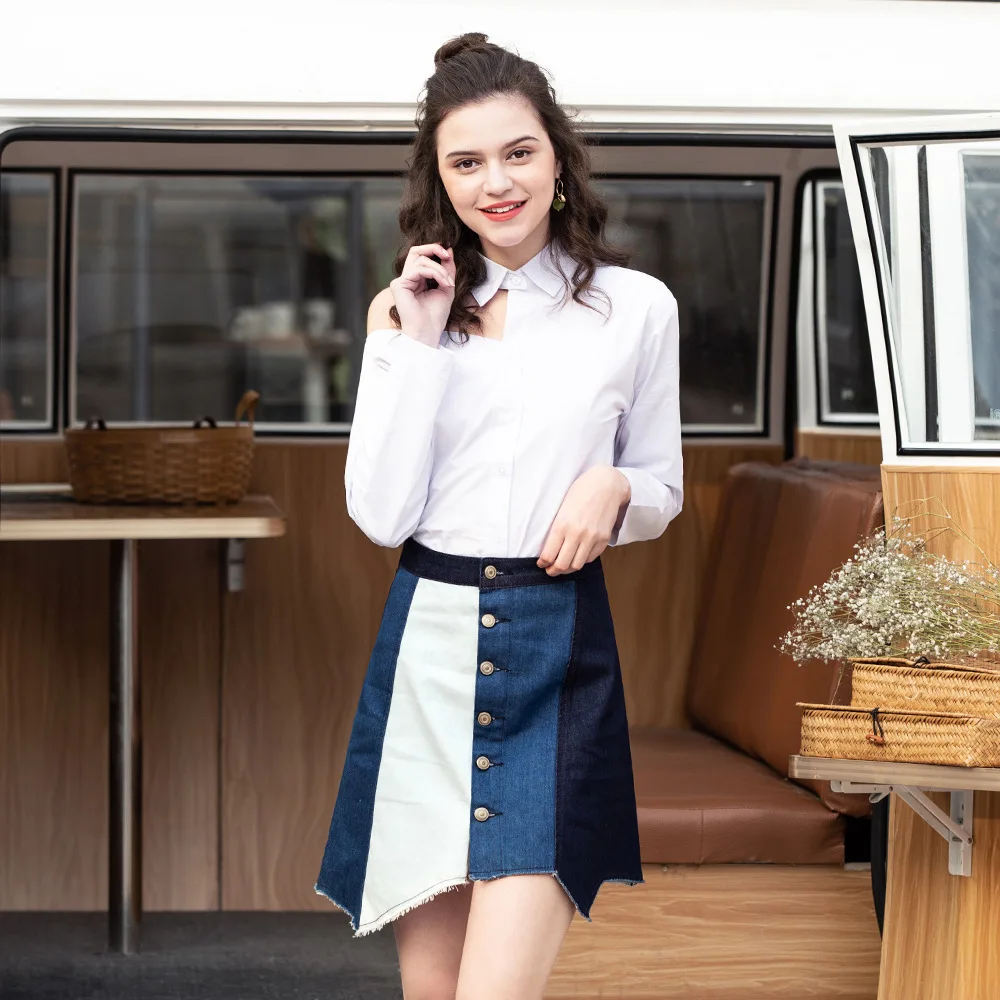 

2019 spring and summer new arrival large size denim skirts female irregular contrast color patchwork row denim skirt women 2306