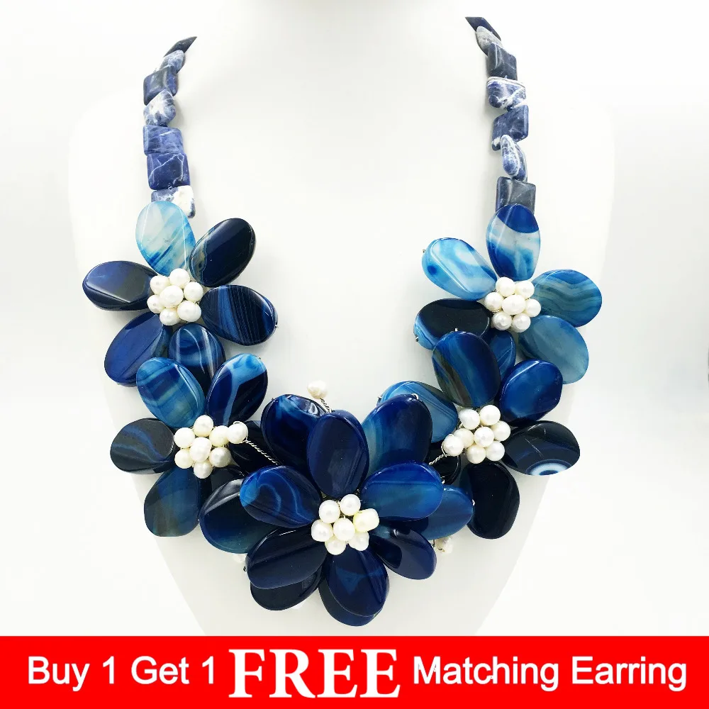 

Lii Ji Natural Stone Dye Blue Onyx,Blue Sodalite,Freshwater Pearl Handmade Flower Statement Necklace Jewelry Approx 55cm