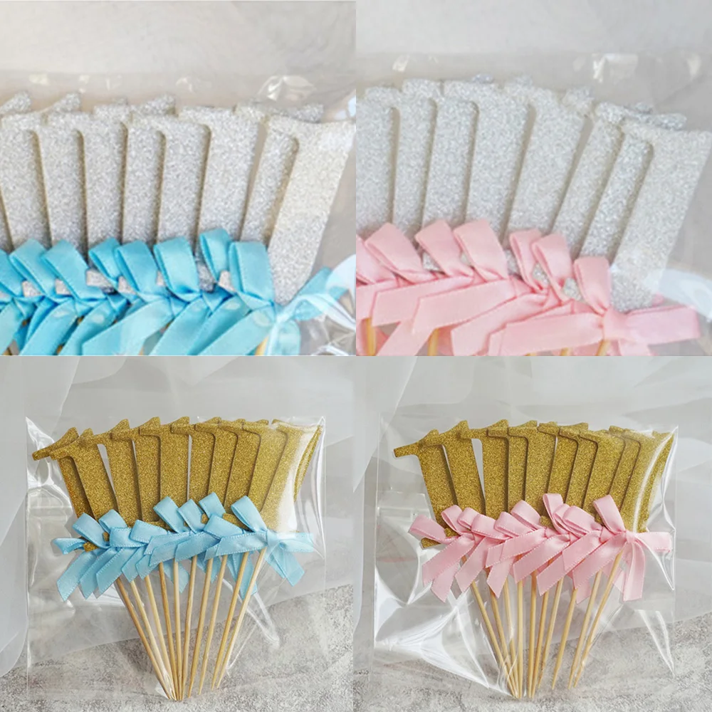 

10Pcs First Birthday 1st Year Cupcake Toppers with Glitter Paper Boy Girl DIY Birthday Party Cake Decoration Supply New