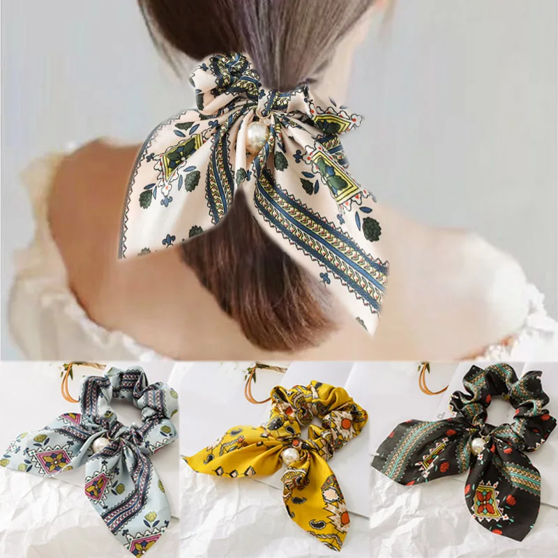 

Hot Bowknot Pearl Flower Hair Rope For Women Print Hearwear High Quality Elastic Wedding Gift