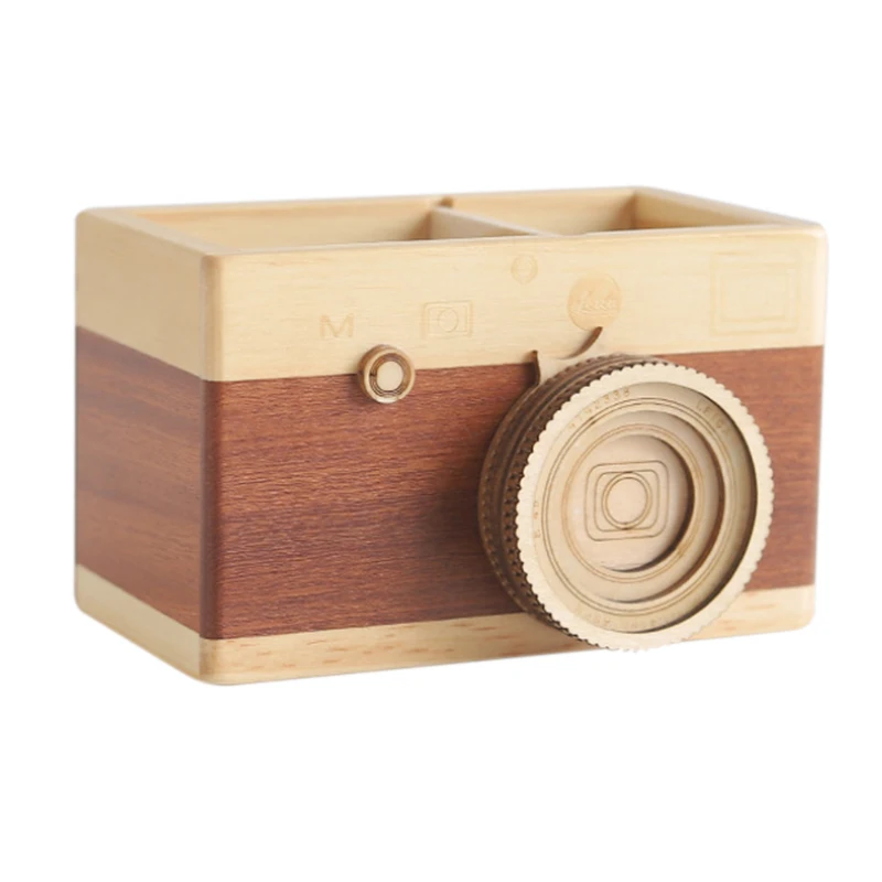 

Creative Vintage Camera Shape Pen Holder Office Wooden Multifunctional Pencil Organizer Desktop Decoration Storage Box For Gif