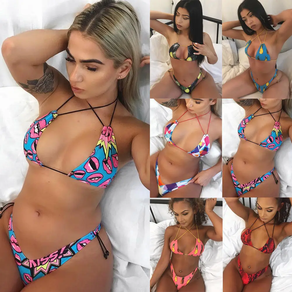 

Summer Women Push-up Bra+Thong Bandage Printed Bikini Set Swimsuit e Swimwear Beachwear