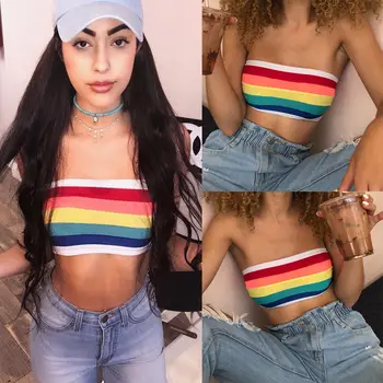

Hot Sale Women Girls Fashion Casual Summer Tank Top Rainbow Off Shoulder Crop Tops Tank Top Vest Party Clubwear