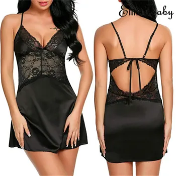 

Women's Sexy Satin Lace Robe Sleepwear Lingerie Nightdress Black S-3XL