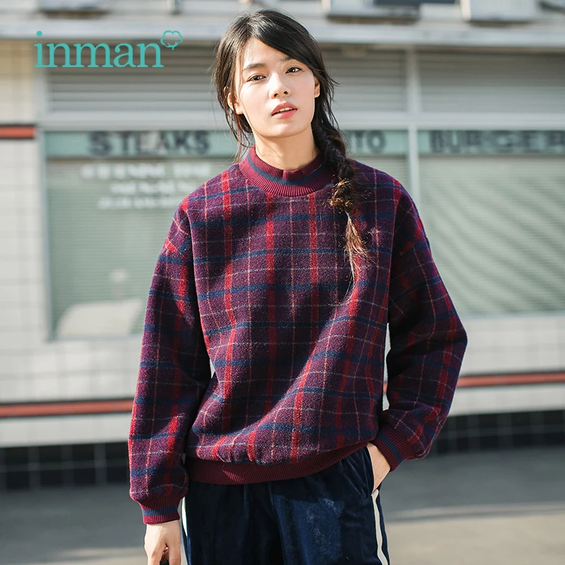 

INMAN Winter New Arrival Retro Plaid Contrast Color High Collar Loose Lazy Style Woman Sweatshirt