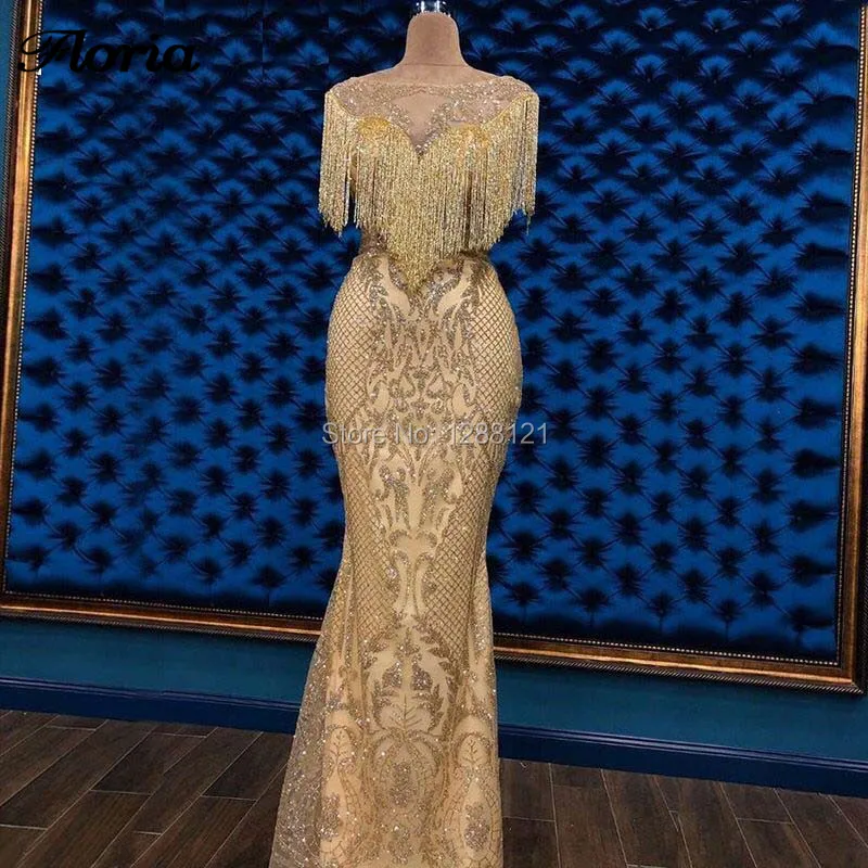 

Dubai Designer Glitter Long Evening Dresses 2019 Abendkleider Gold Tassel Mermaid Prom Dress Aibye Evening Gowns Robe de soiree