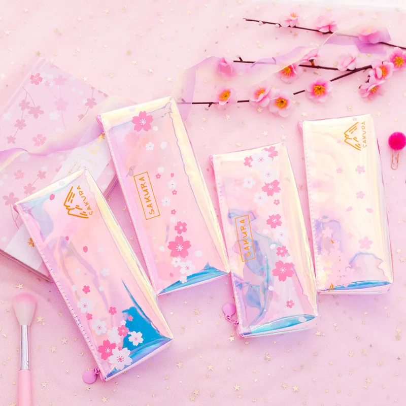 

Laser Sakura Pen Pouch Harajuku Pencil Bag For School Students Japanese Kawaii Stationery Office Supplies Pencil Case Makeup Bag