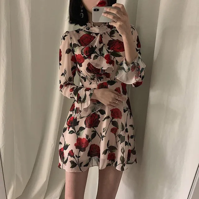 

2019 Fashion Vintage Ruffles Stand Collar Floral Printed Dress Women Korean Mini Dress Print Long Sleeve Short Casual Dress