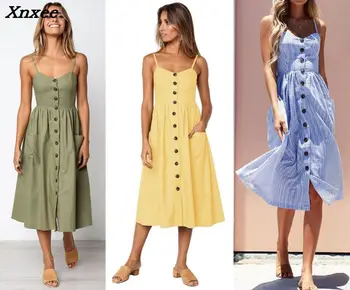

Women Summer backless spaghetti strap dress v neck sexy beach vintage long dresses with pockets bohemian Xnxee