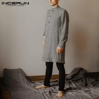

2020 Bathrobe Men Shirt Dress Indian Suit Striped Long Sleeve Casual Men Tops Islamic Muslim Arab Kaftan Beach Long Shirt