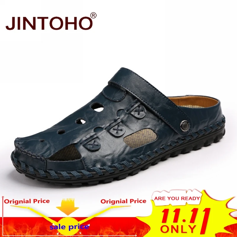 

JINTOHO 2017 New Men Sandals Closed Toe Leather Male Sandal Fashion Breathable Men Leather Shoes Beach Sandals Men Slippers