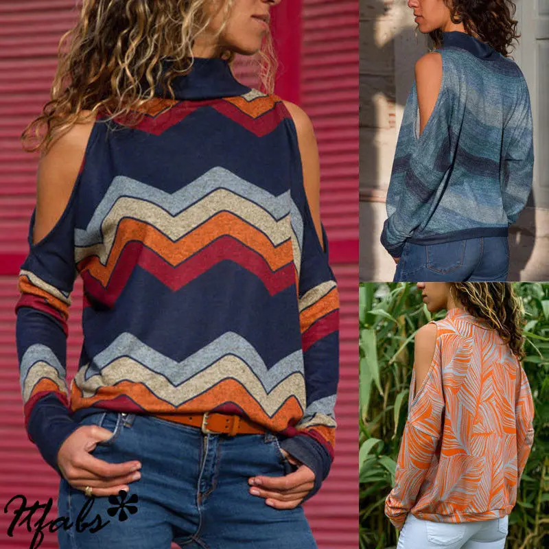 

Women Cold Shoulder High Neck Long Sleeves Shirt Blouse Ladies Autumn Long Sleeve Printed Casual Tops Blouse