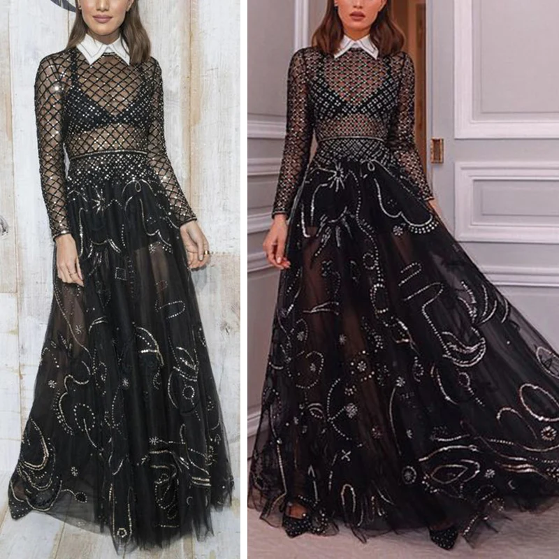 

Sexy Black Mesh Dresses Stitching Perspective Big Pendulum Prom Women Dress Tulle