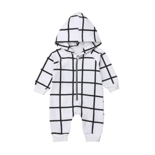 

Emmababy Newborn Infant Kid Baby Girl Boy Romper Hooded Black White Plaid Jumpsuit Clothes Outfits