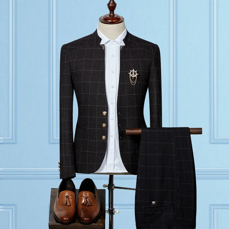 

Stand Collar Grid men Suit Jacket and Pants Fashion Business Wedding Men Suit two-piece Set Asia size S M L XL XXL XXXL