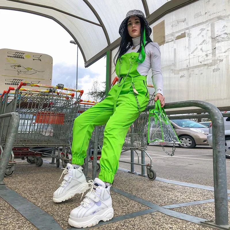 

Harajuku Vintage Fluorescent Green Black Women Jumpsuits Overalls 2019 Spring Women's Street Big Pockets Casual Pants Playsuits