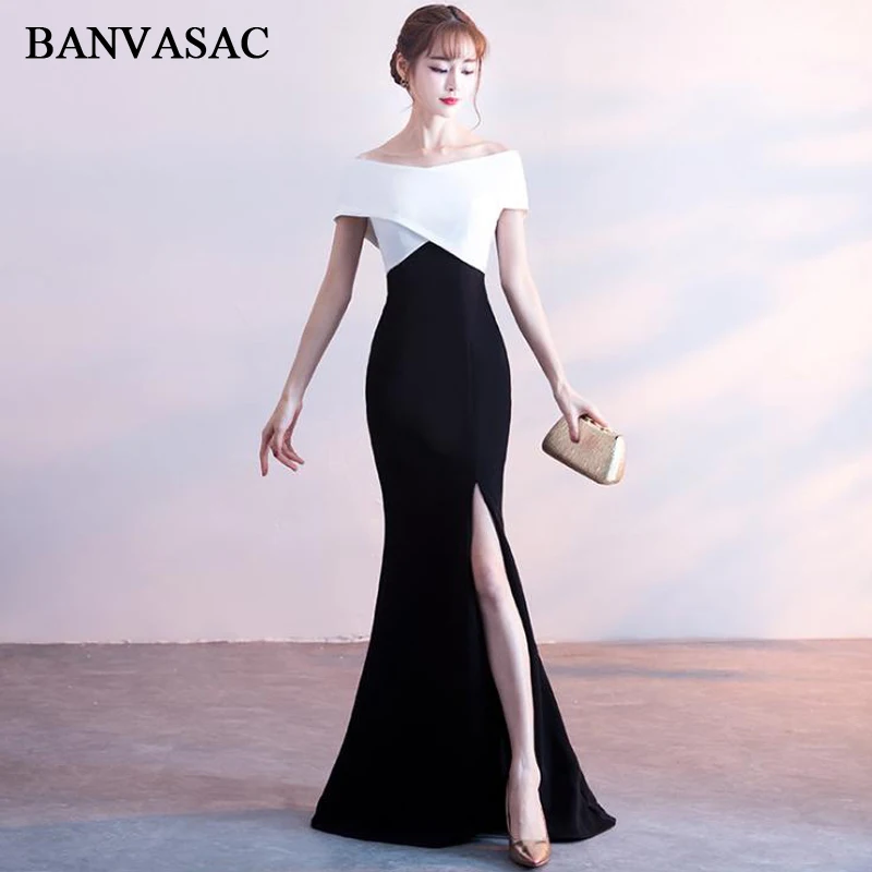 

BANVASAC Elegant Boat Neck Multicolor Short Sleeve Mermaid Long Evening Dresses Party Sexy Split Backless Prom Gowns