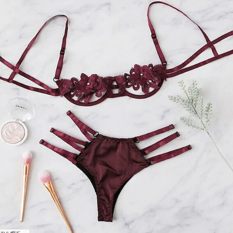 

1 Set Lingerie Women Lace Bra Sexy Underwear Satin Silk Bandage G-String Sexy Lace Up Lingerie Set Sexy Bras Unpadded