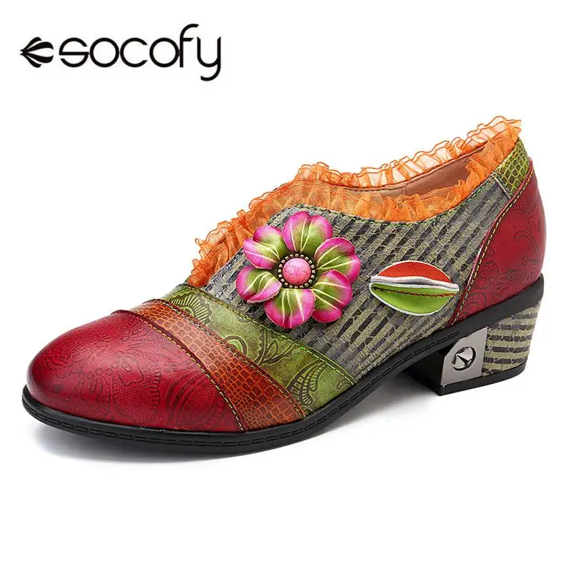 

SOCOFY Retro Floral Elegance Lace Genuine Leather Splicing Slip On Shoes Women Shoes Casual Woman Ladies Shoes Autumn 2019