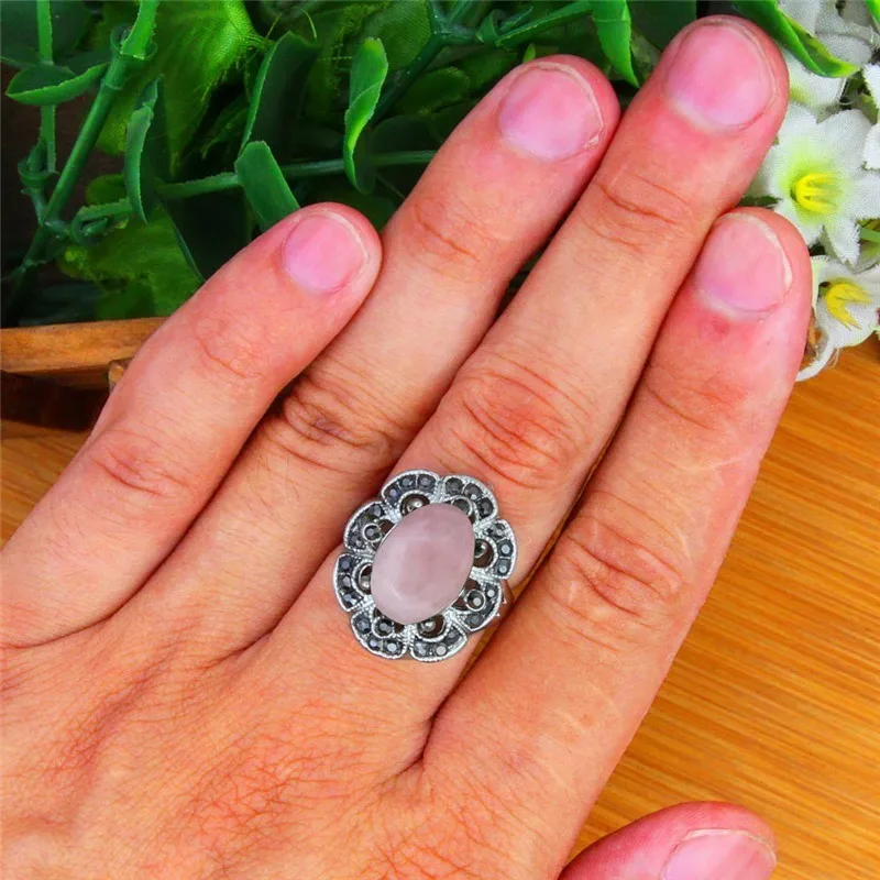 Oval Natural Stone Quartz Rings For Women Antique Silver Plated Rhinestone Plum Flower Vintage Fashion Jewelry TR710