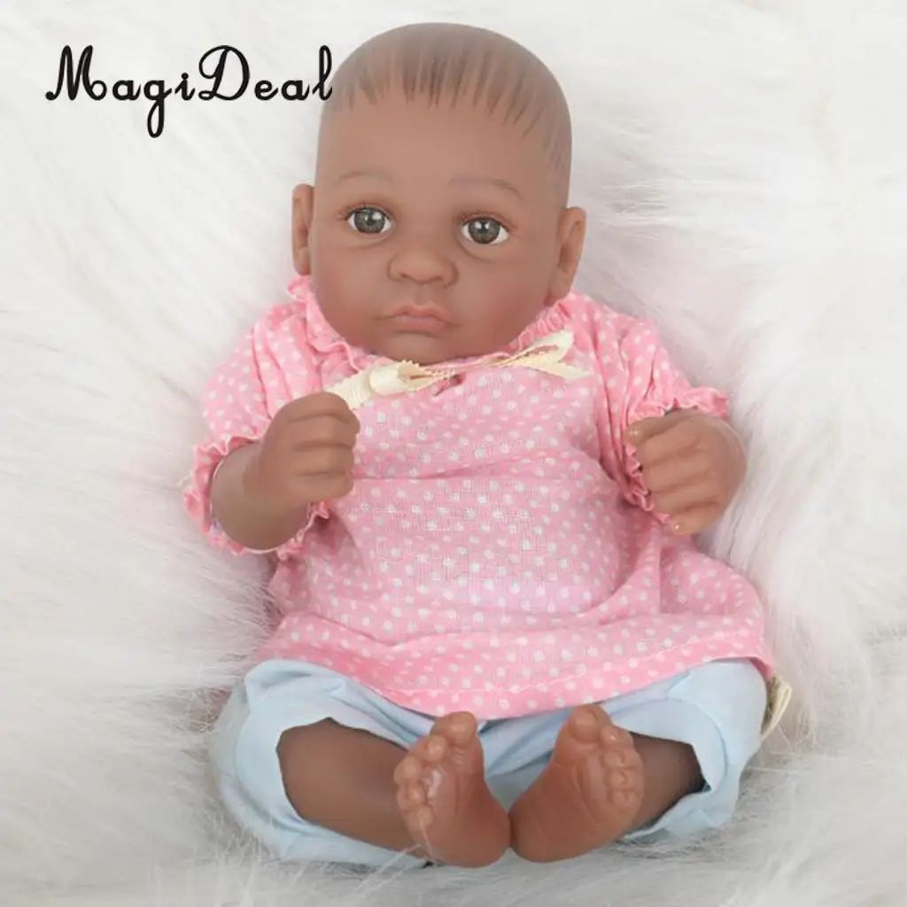 

Real Life 11inch Reborn Baby Girl Doll African American Doll in Pink Shirt Blue Pants Clothes Kids Bath Play/Sleeping Toy Gift