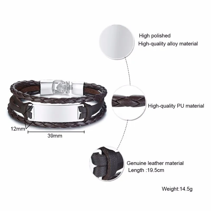 Vnox Free ID Tag Triple Layers Leather Bracelets for Men Stainless Steel Bar Engrave Name Inspiration Pulseira